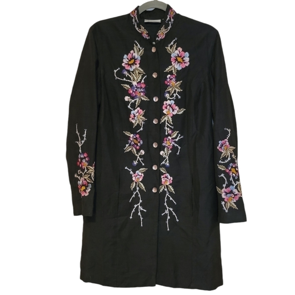 Units Silk Duster Jacket Mandarin Collar Embroidered Mother Pearl Buttons Boho - Picture 13 of 13